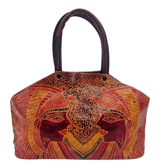 Vintage 70s Embosed Leather Hand Painted Egyptian Pharaoh Top Handle Bag Purse - Picture 1 of 14